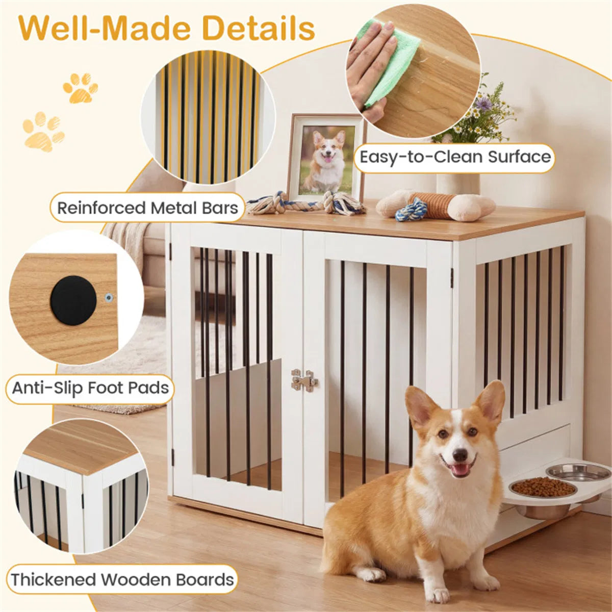 Furniture Style Dog Crate with 360° Rotating Feeder & 304 Stainless Steel Bowls, Double Locking Indoor Dog Kennel - view 8
