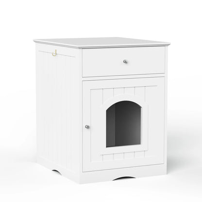 Wooden Pet House Cat Litter Box Enclosure with Drawer, Side Table, Indoor Pet Crate, Cat Home Nightstand (White) - view 2