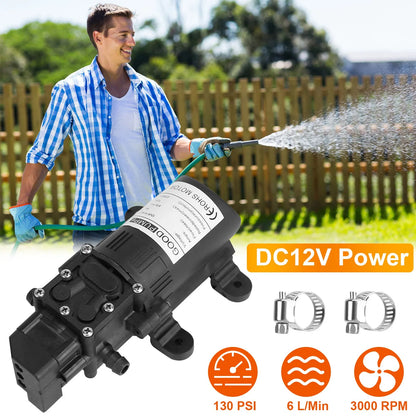 12V Water With 2 Hose Clamps 130PSI Self Priming Sprayer 70W Electric Diaphragm Water 6L Min For RV Camper Marine Boat