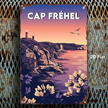 1pc Vintage French Landscape Metal Sign, Cap Frehel Lighthouse Sunset 2D Flat Wall Art - view 3