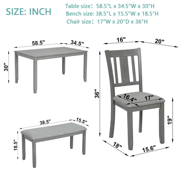 6 Piece Kitchen Dining Set, Rectangular Wooden Dining Table With 4 Upholstered Chairs And A Bench - view 3