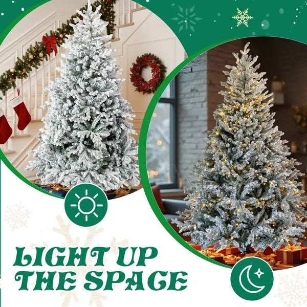 7 FT Pre-lit Snow Flocked Christmas Tree, Artificial Hinged Xmas Pine Tree With 1100 Branch Tips - view 8