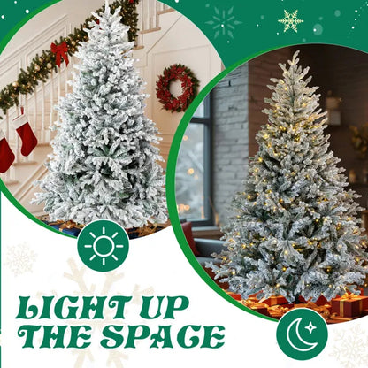 7 FT Pre-lit Snow Flocked Christmas Tree, Artificial Hinged Xmas Pine Tree With 1100 Branch Tips - view 8