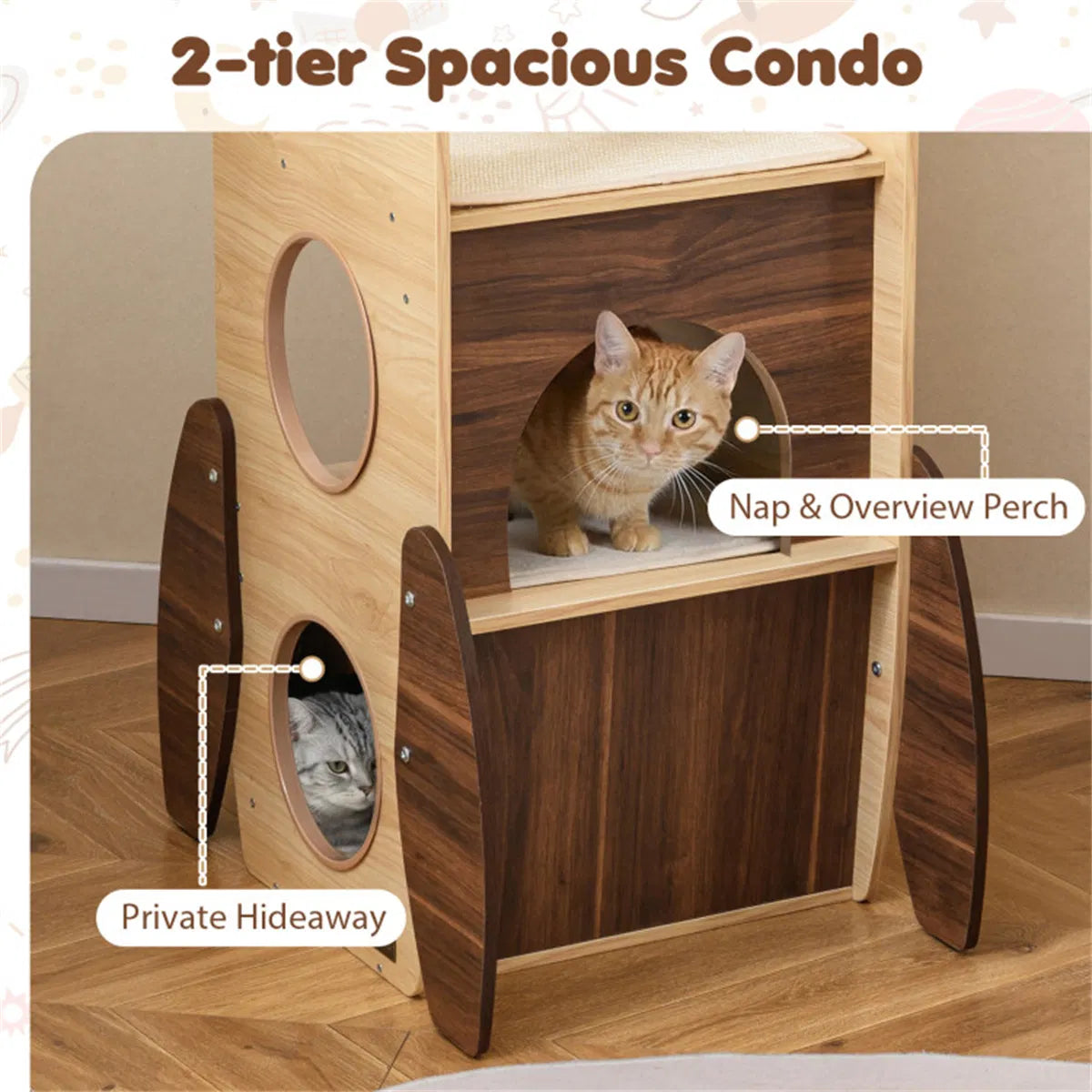 4-Tier Rocket Shape Cat Tree with 2-Tier Condo Sisal Scratch Pad Hanging Pompom Natural+White - view 2