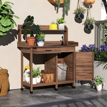 Dark Brown Outdoor Potting Bench With Storage Cabinet,Sink And Faucet - view 3