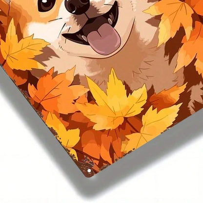 Cute Shiba Inu Metal Sign Autumn Leaves Dog Plaque Sturdy Tin Wall Art Home Decor Kitchen Bedroom Bar Restaurant 2D Flat - view 3