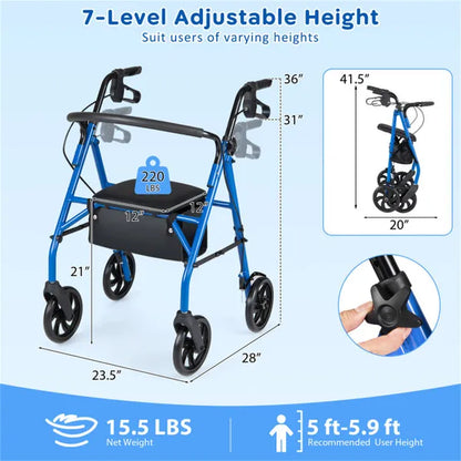 2-in-1 Rollator Walker With Seat (Blue), 8-Inch Large Wheels & Versatile Braking System, Adjustable Height - view 5