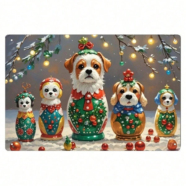 Christmas Eve Puppy Russian Nesting Dolls Tin Sign, 8x12 Inch Vintage Metal Wall Art
