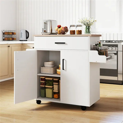 41.5" Rolling Kitchen Island Cart With Storage, White Kitchen Cart With Drawer & Cabinet, Spice Rack & Towel Holder - view 2