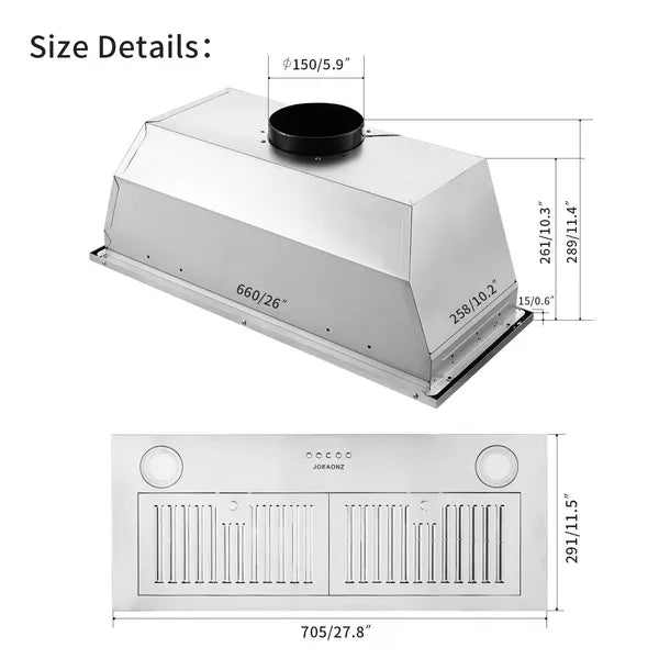30 Inch Insert Range Hood 600 CFM; Built-in Stainless Steel Range Hoods With Right Button Controls And Back LED Lights - view 2