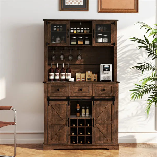 Brown Farmhouse 72" Pantry Cabinet With Hutch, Sliding Barn Doors & Wine Storage Rack - view 4