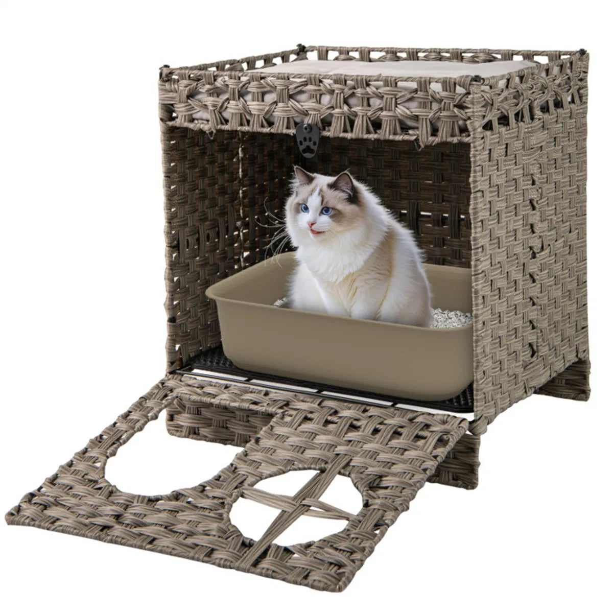2-Tier Wicker Cat Condo with Litter Mat - Hidden Litter Box Enclosure, Detachable Washable Cushion, Gray Rattan - view 4