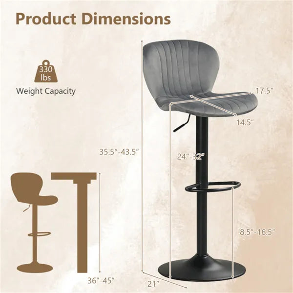 2-Pack Adjustable Height Bar Stools With 360° Swivel, Dutch Velvet Upholstered Bar Chai - Gray - view 3
