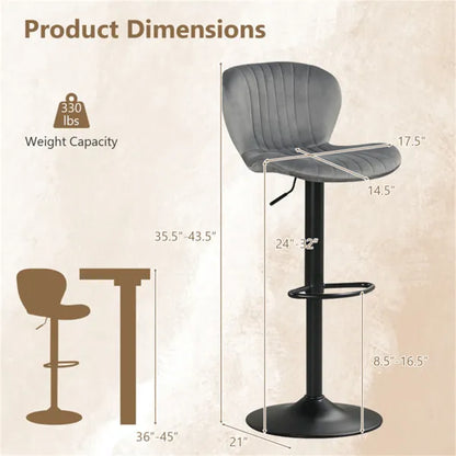 2-Pack Adjustable Height Bar Stools With 360° Swivel, Dutch Velvet Upholstered Bar Chai - Gray - view 3