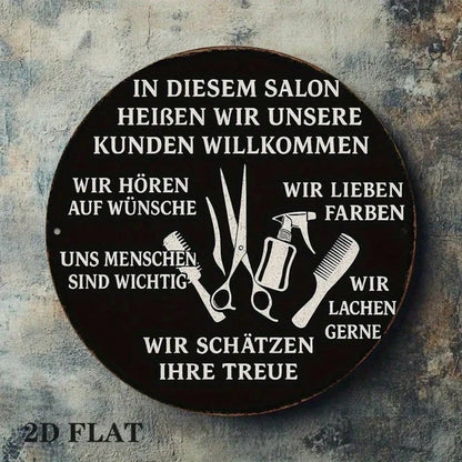 1pc Vintage German & French Welcome Sign, 8-Inch Round Hair Salon Wall Decor With Barber Pole Scissors & Comb Design - view 4