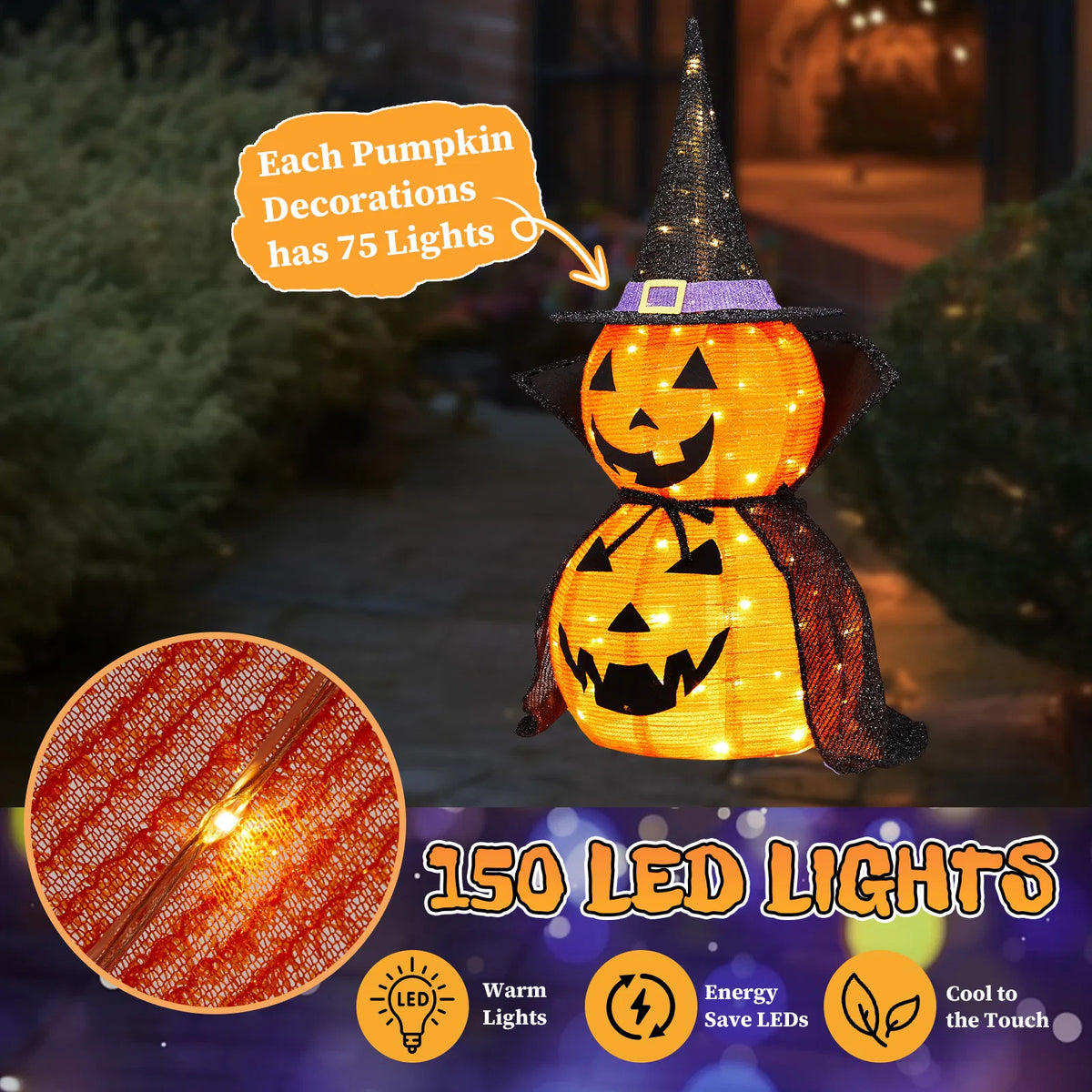 2Packs 3FT Halloween Collapsible Lighted Pumpkin Decoration, 176 LED Pop-Up Pumpkin Lamp with Cape - view 5