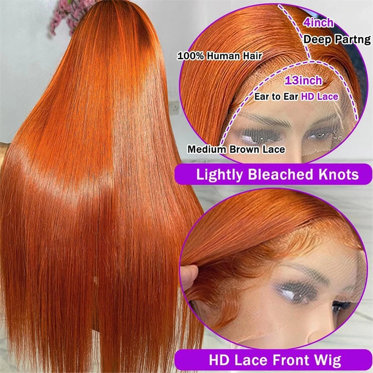 13x4 Straight Human Hair Lace Front Wig Ginger Yellow Density - view 3
