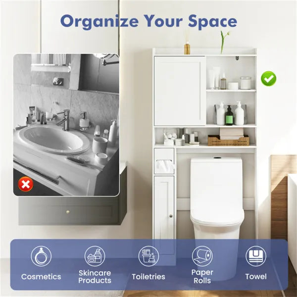 Over-The-Toilet Storage Cabinet White- 1 Top Shelf 2 Enclosed Cabinets Toilet Paper Holder - view 9