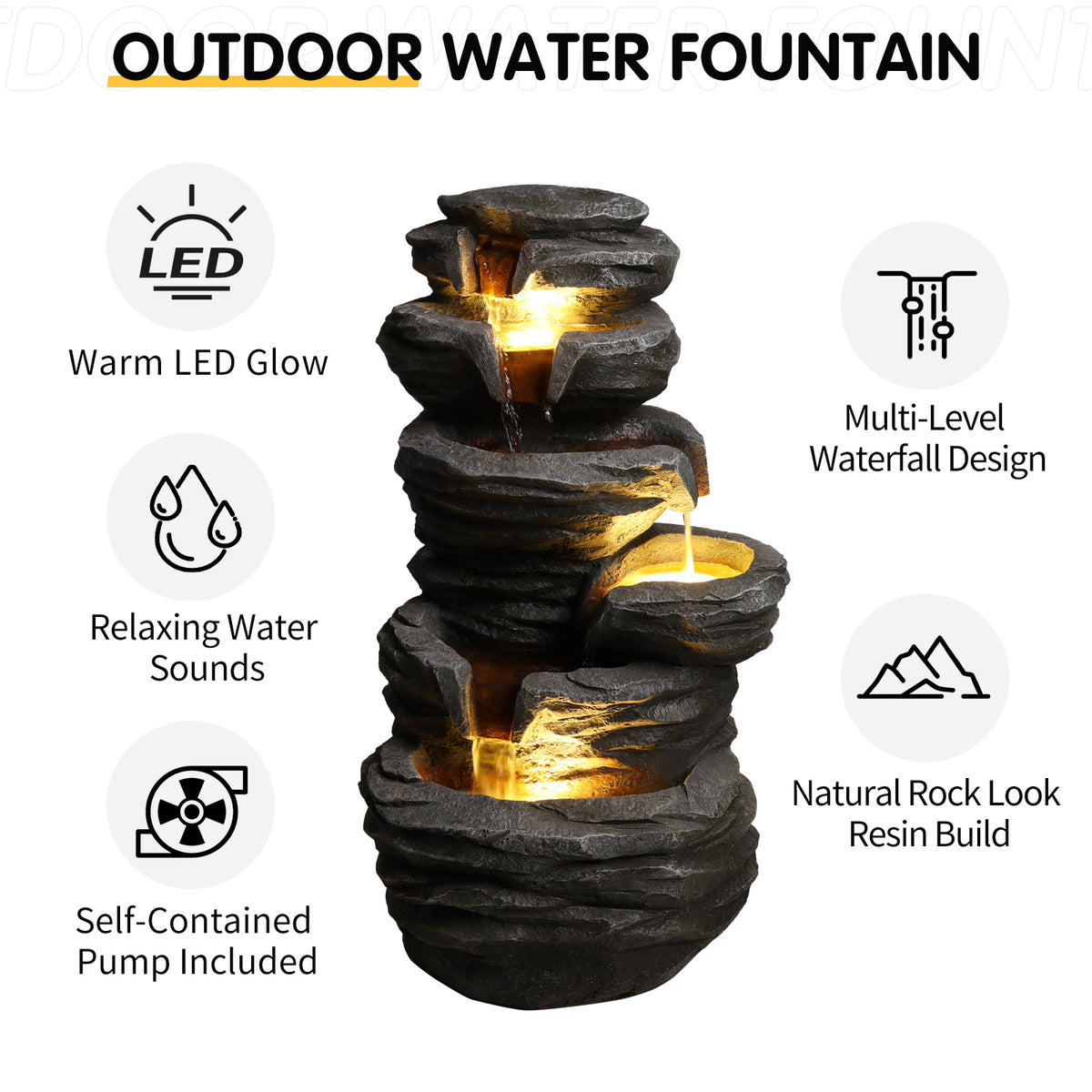 Outdoor Waterfall Fountain With Lights Stacked Rock Cascading Water Feature Resin Garden Decor For Patio Yard Porch - view 2
