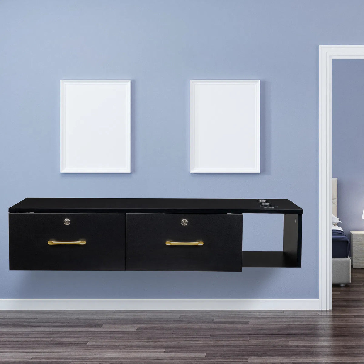 15cm E0 particleboard with hemp surface, two draws and three holes with lock, salon cabinet, black - view 8