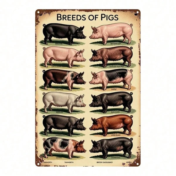 Vintage Pig Breeds Metal Sign 8x12 Inch Retro Distressed Wall Art 2D Flat Metal Poster For Home Garage Bar Cafe