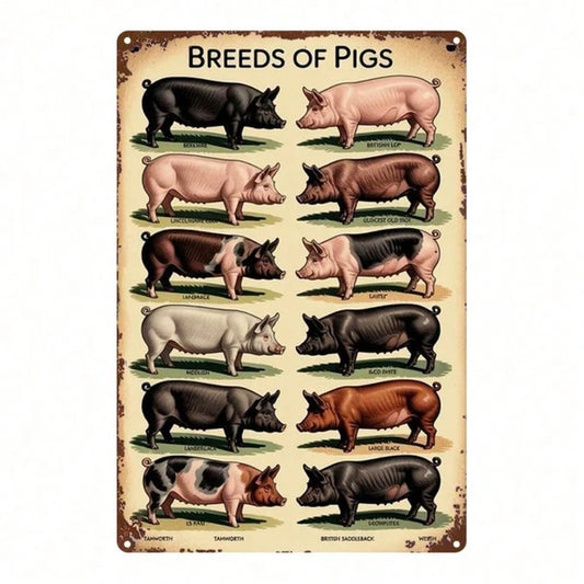 Vintage Pig Breeds Metal Sign 8x12 Inch Retro Distressed Wall Art 2D Flat Metal Poster For Home Garage Bar Cafe