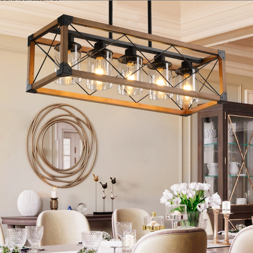 32 Inch Walnut Industrial Farmhouse Rectangle Pendant Light, 5-Light Chandelier With Lampshades For Dining Room - view 5