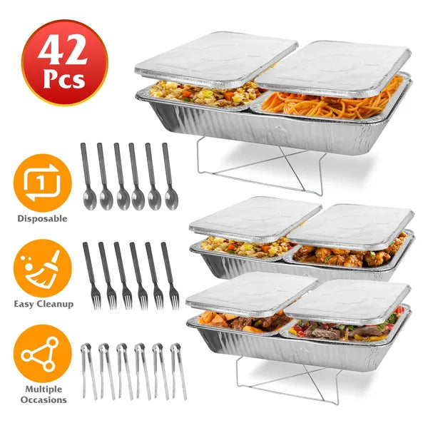 Set Of 42Pcs Disposable Chafing Dish Buffet Set Chafing Servers With Covers Spoons Forks Tongs Full-Size Pans Food
