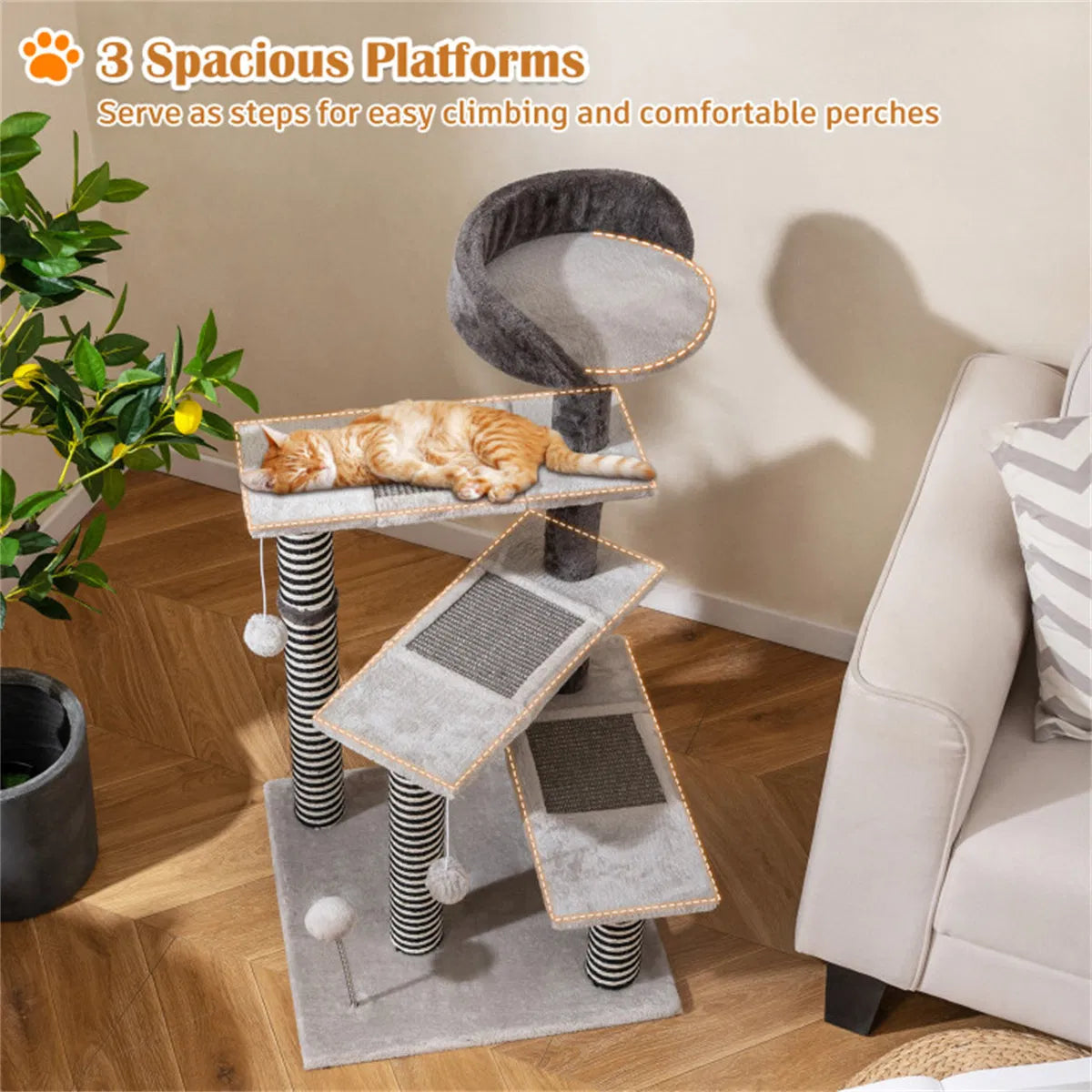 37" tall Cat Stairs with Scratching Mats - 3-Tier Perches, Spring Ball & Dangling Toys for Cats - view 9
