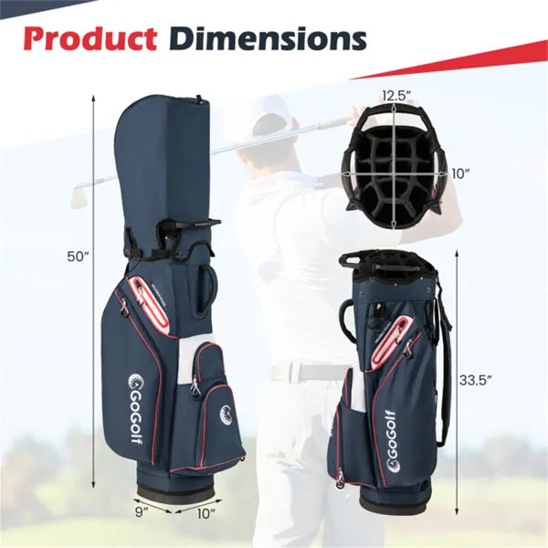 14-Way Golf Cart Bag - 6 Zippered Pockets+Cooler Pocket, Waterproof Zippers, Navy + Red - view 2