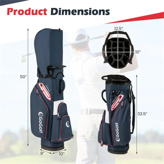14-Way Golf Cart Bag - 6 Zippered Pockets+Cooler Pocket, Waterproof Zippers, Navy + Red - view 2