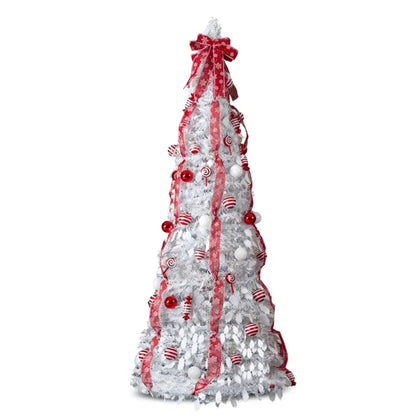 6 FT Fully Decorated Pre-lit Christmas Tree, Pop Up Artificial Xmas Tree With 100 Warm Lights And Red Ornaments
