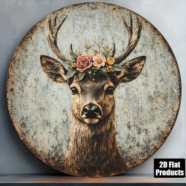 1pc 8x8in Vintage Deer Head Wreath Sign, Deer Head Wreath Sign, Wreath Sign, 2D Flat Round Aesthetic Antler Plaque - view 3