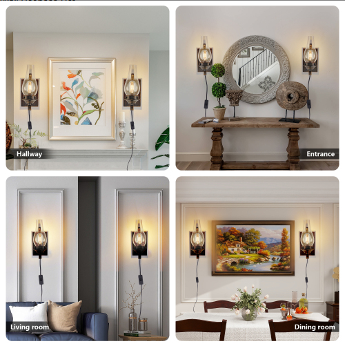 Only Supports Plug-in Rustic Farmhouse Wall Sconces Set Of 2, Vintage Industrial Plug-in Wall Lights With Clear Glass - view 4