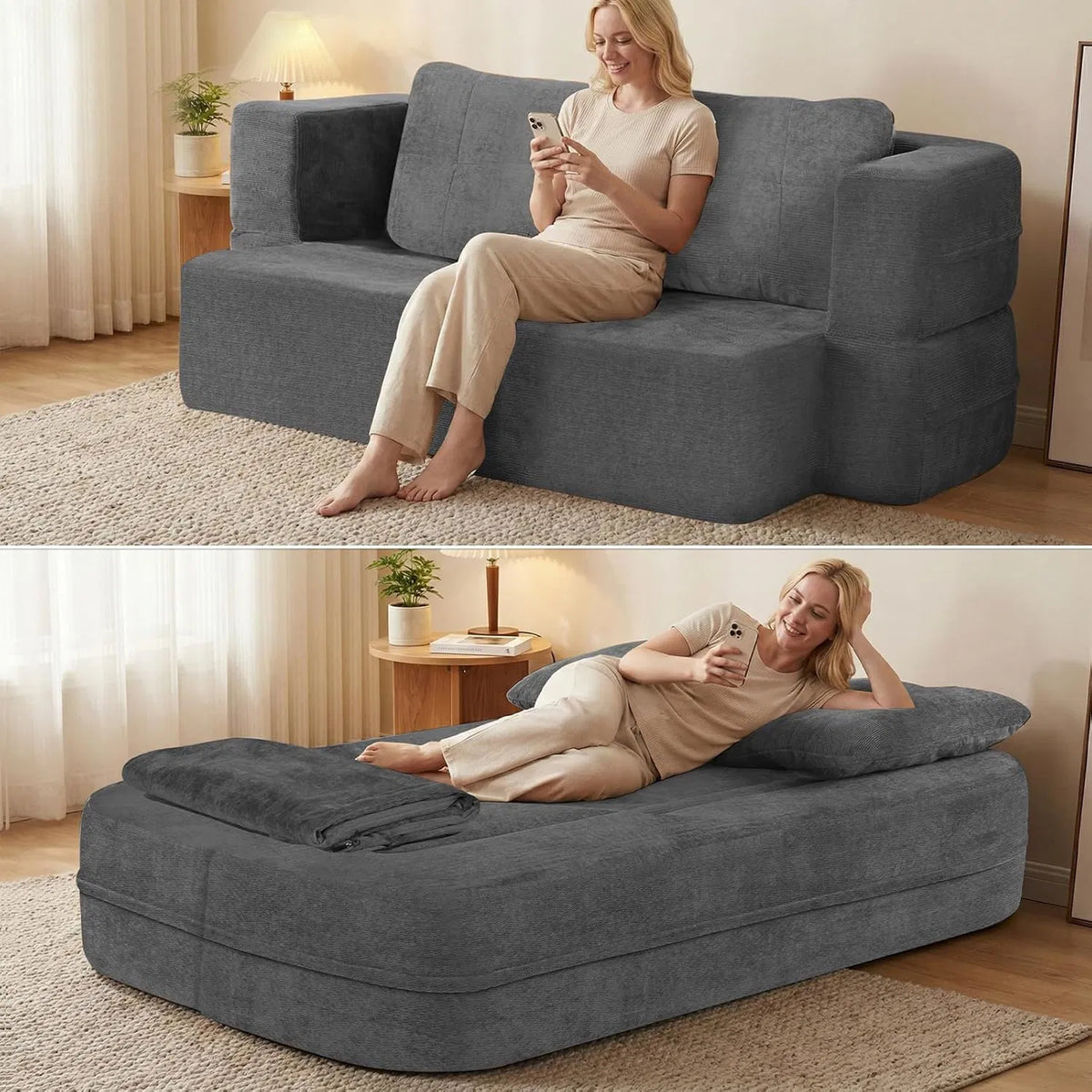 Convertible Sofa Bed with Blanket, Boneless Cloud Couch Queen Scott Fabric for Living Room Bedroom