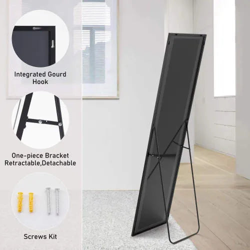 Floor Standing Mirror, Wall Mirror With Stand Aluminum Alloy Thin Frame,21' X64',Black-rect - view 5