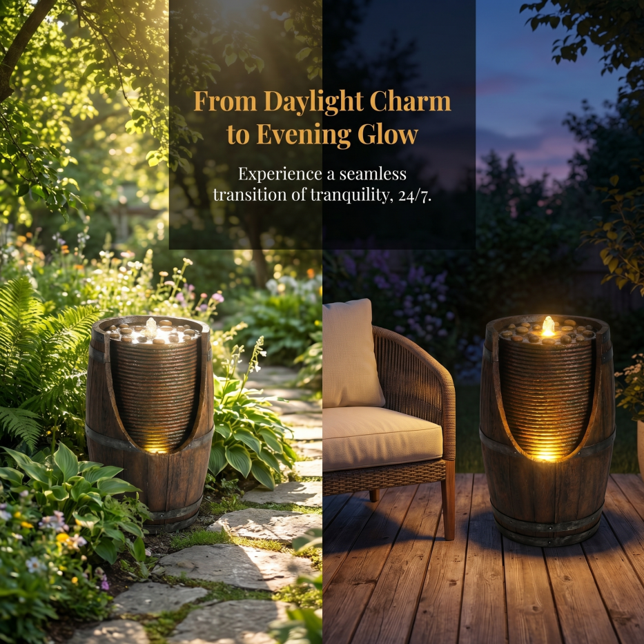 Outdoor Barrel Water Fountain With Lights Rustic Wood Look Resin Handmade Waterfall Garden Decor For Patio Yard Porch - view 8