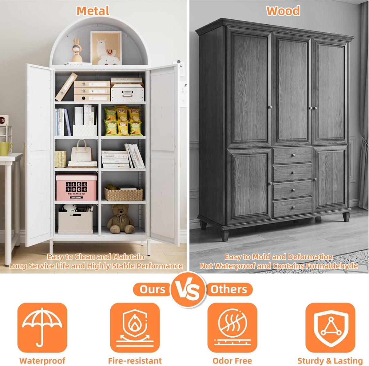 Tall Kitchen Pantry Cabinet, Arched Storage Cabinet With Doors And Adjustable Shelves - view 2
