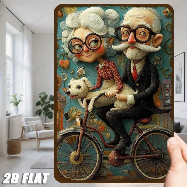 Vintage Metal Wall Art Retro Bike Couple With Dog Cyan Floral Background 8x12 Inch Farmhouse Home Decor Sign Gift - view 3