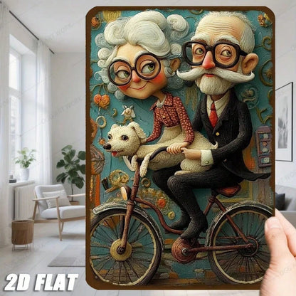 Vintage Metal Wall Art Retro Bike Couple With Dog Cyan Floral Background 8x12 Inch Farmhouse Home Decor Sign Gift - view 3