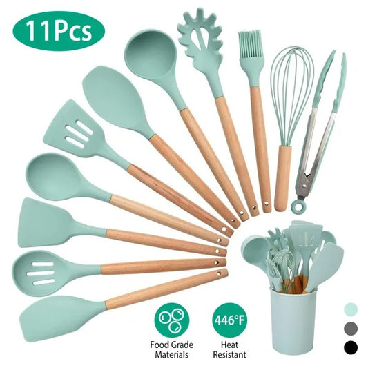 11Pcs Silicone Cooking Utensil Set Heat Resist Wooden Handle Silicone Spatula Ladle Spaghetti Server Tongs Spoon Egg