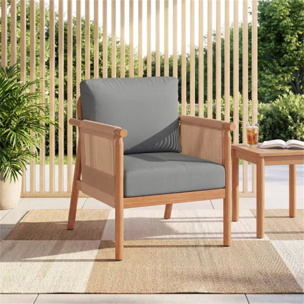 Gray Boho Patio Acacia Wood Chair With Woven Rope Armrests, Cushioned Outdoor Accent Chair For Porch Balcony - view 4