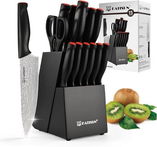 Damascus Pattern 15-Piece Kitchen Knife Set With Block, High Carbon Steel Chef Knife, Includes Sharpener And Scissors