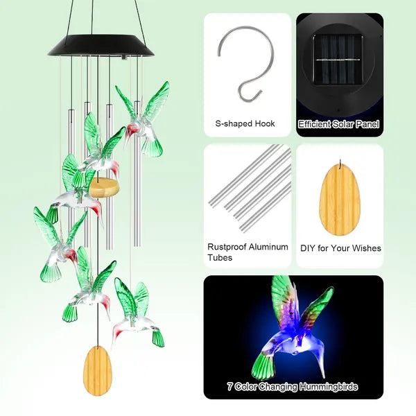 1Pc - 2Pcs Options - Solar Hummingbird Wind Chime With Aluminum Tubes 7 Color Changing Wind Chime For Outside IPX4 - view 5