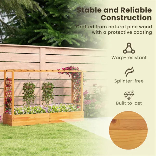 Wooden Raised Garden Bed With Trellis & Flat Roof, Open-Ended Base Planter Box For Climbing Plants/Vegetables/Flowers - view 4
