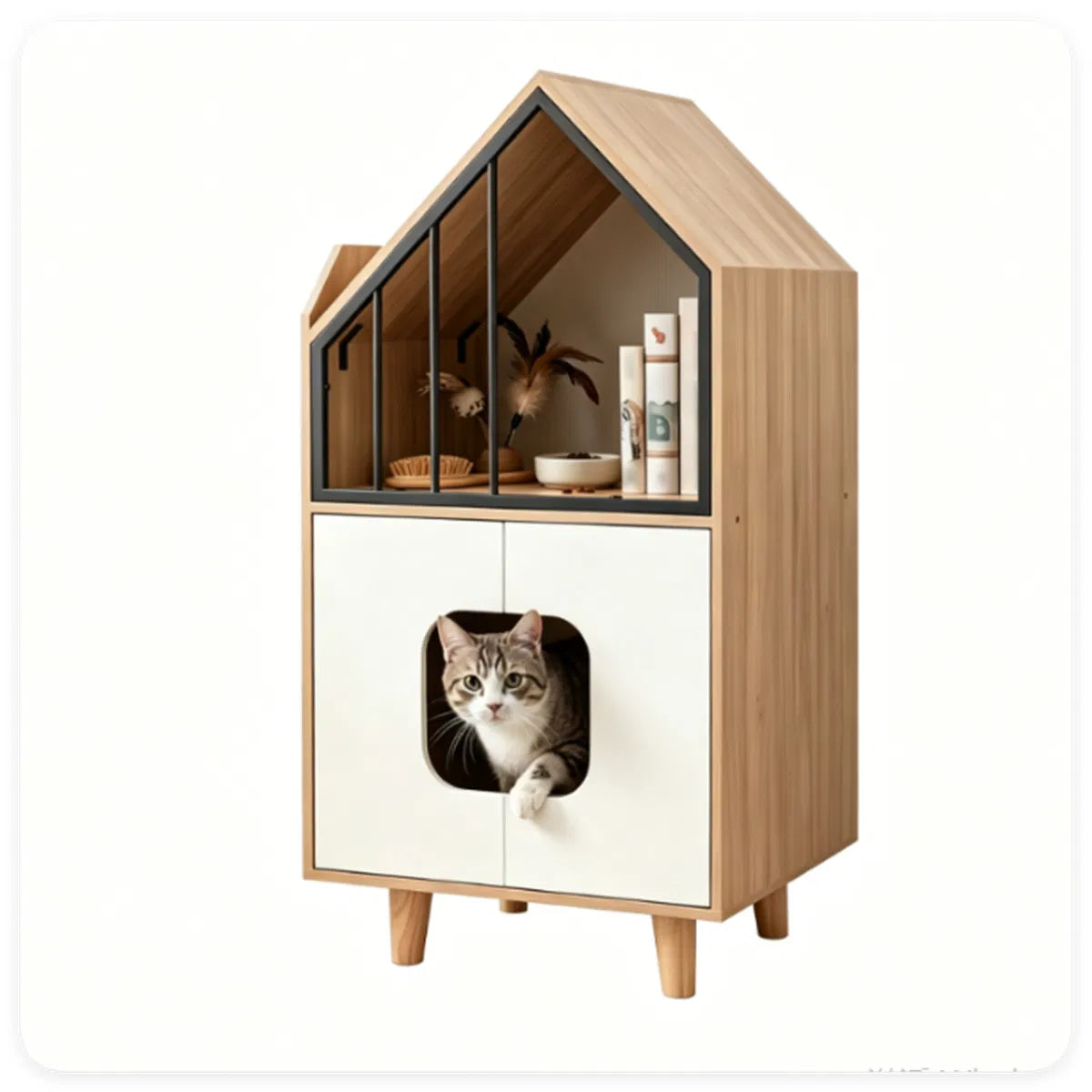 Natural & White Hidden Cat Litter Box Furniture, Elevated Cat Lounge Top Enclosed Cat Washroom Cabinet with Raised Legs - view 2