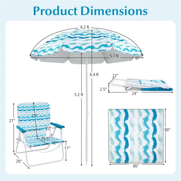 4-Piece Beach Set With 6.2ft Sun-Proof Umbrella, 2 Folding Chairs & 80 X 80 Waterproof Blanket-Blue - view 2
