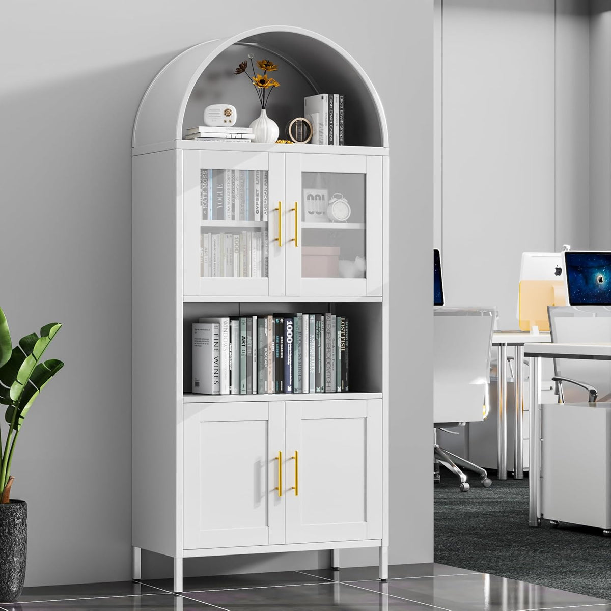 73 In Tall Metal Arched Cabinet, Kitchen Pantry Cabinet With Glass Door - view 2