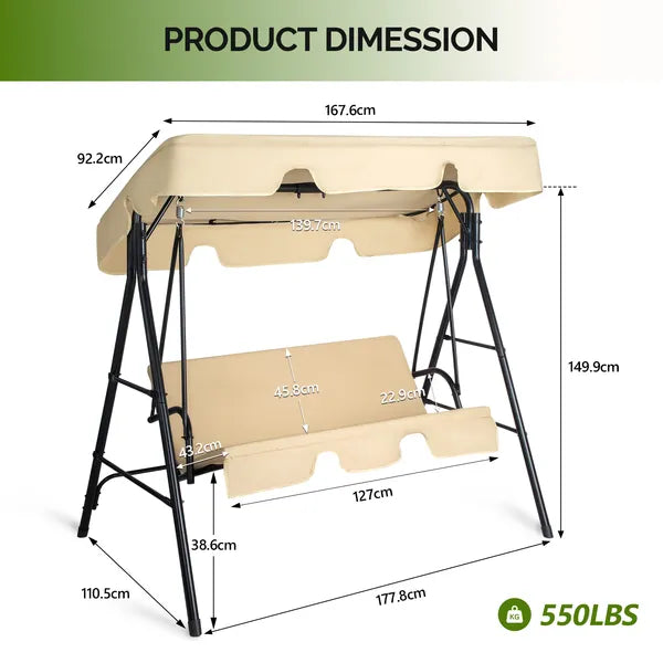 68x43x60 Inch Khaki KD Model With Cushion Canopy Iron Oxford Fabric 250kg Iron Swing Set - view 2