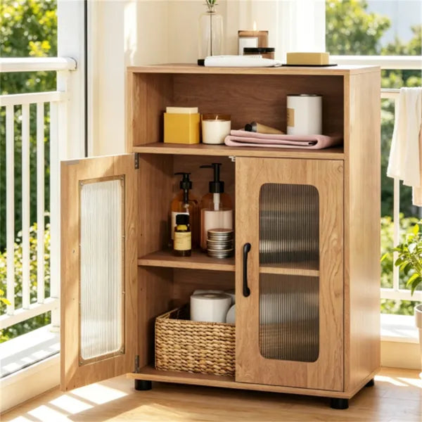 Natural Modern Engineered Wood Bathroom Cabinet With Open Compartment